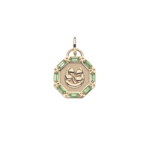 Gold octagon lucky pendant featuring horseshoe and 4 leaf clover with border of peridot stones