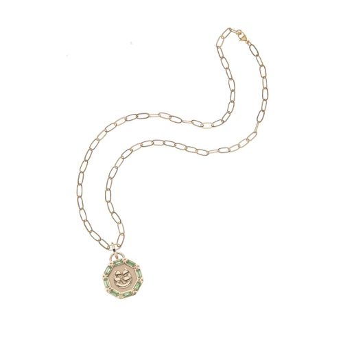 Gold lucky petite embellished coin on drawn link chain