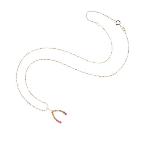 Gold mini rainbow wishbone on 10 karat adjustable chain