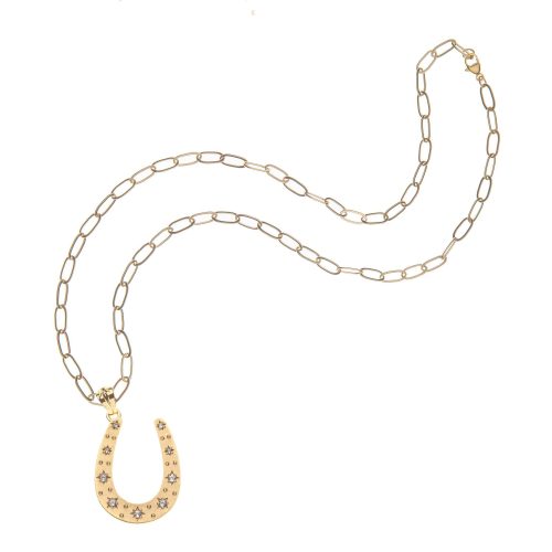 Gold lucky horseshoe pendant on drawn link chain