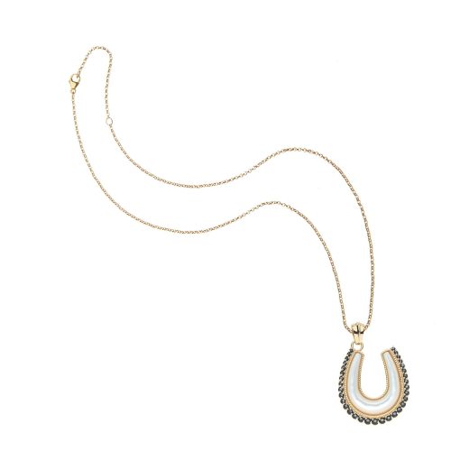 Gold and mother of pearl horseshoe pendant on classic rolo chain