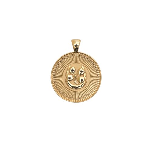 Gold Small Coin Pendant with Four leaf clover and horseshoe illustration