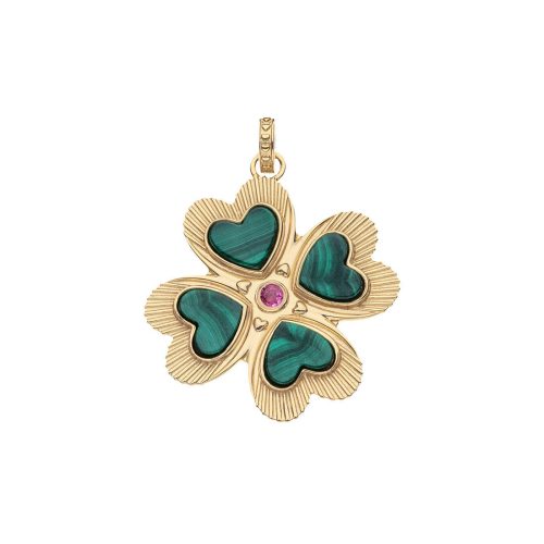 Front of gold 4 leaf clover pendant with malachite detail and pink tourmaline center stone