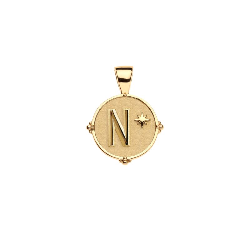 Gold letter N coin pendant with star detail