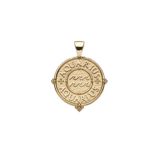 Gold small Aquarius coin pendant featuring the word 