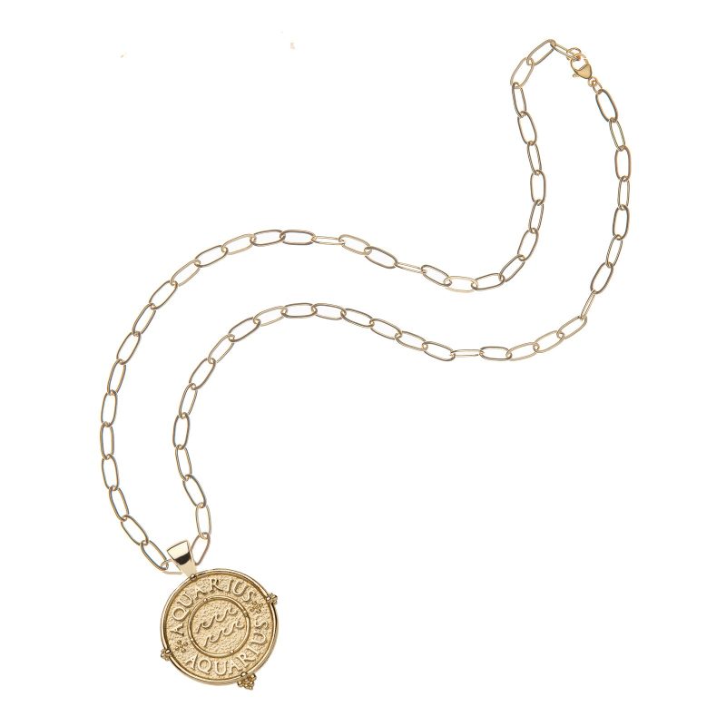 Gold small Aquarius pendant on drawn link chain