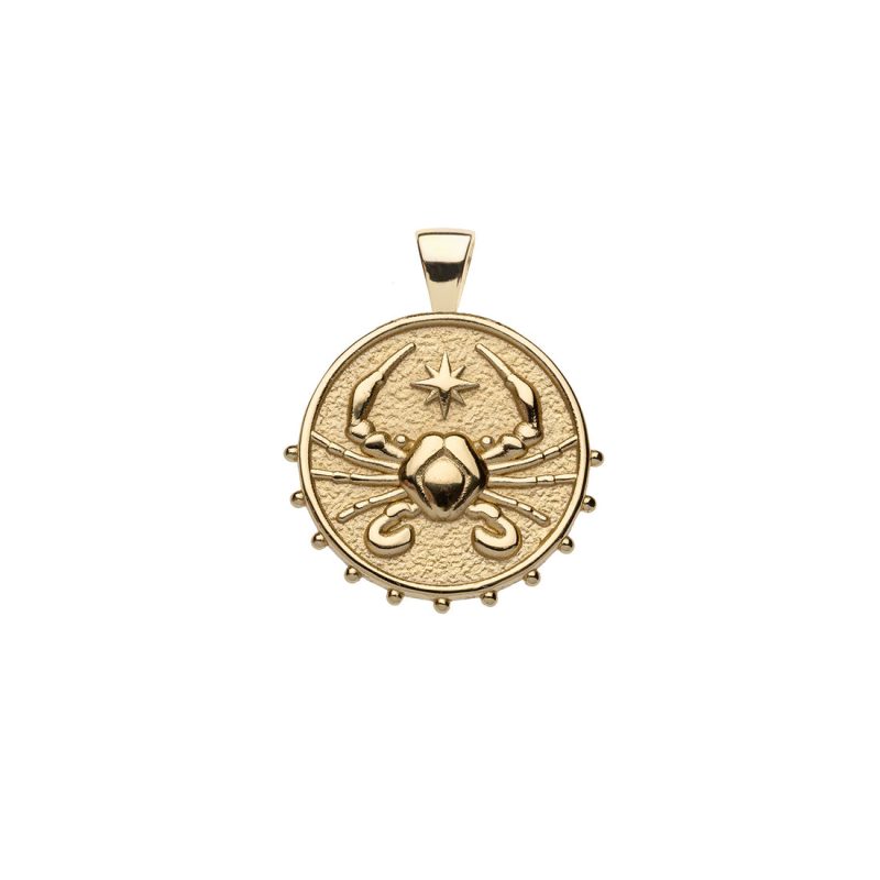 Gold small Cancer coin pendant features a crab with a star