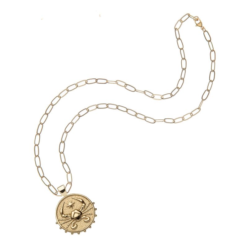 Gold small Cancer coin pendant on drawn link chain