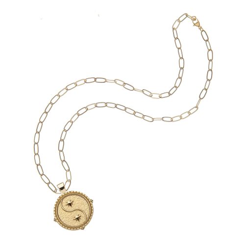 Gold small Gemini coin pendant on drawn link chain