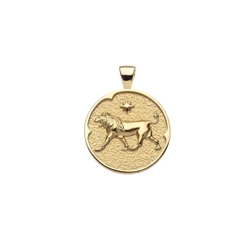 Gold small Leo coin pendant featuring a lion with a star above it