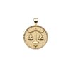 Gold small Libra coin pendant features balanced scales holding hearts