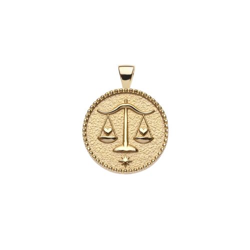 Gold small Libra coin pendant features balanced scales holding hearts 