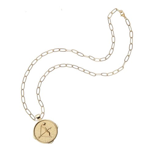 Gold small Sagittarius coin pendant on drawn link chain