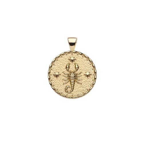 Gold small Scorpio coin pendant featuring a scorpion and three stars