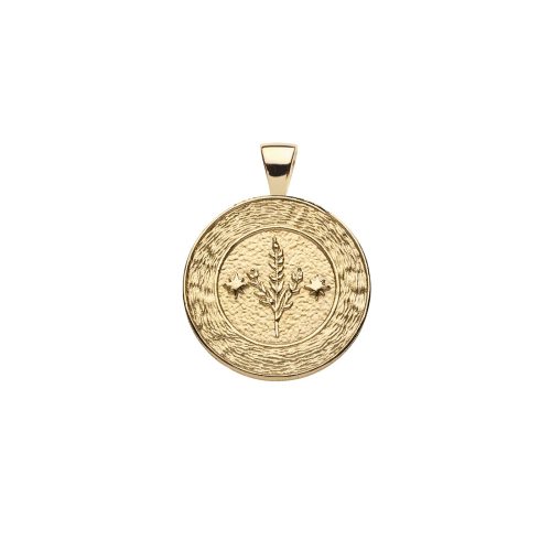 Gold small Virgo coin pendant features a textured border with stem of leaves in the center with two stars