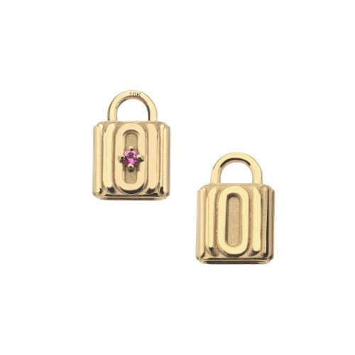 Front of letter O lock pendant with pink tourmaline detail and back also features letter O