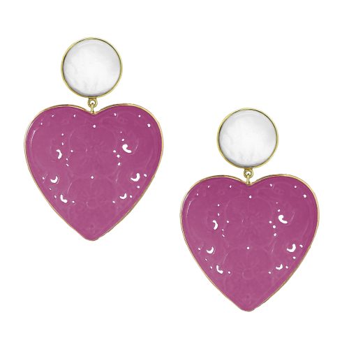 Gold heart drop earrings with mother of pearl top stud and large fuchsia agate heart drops featuring carved flowers 