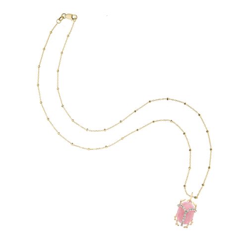 Pink jade scarab on 14 karat satellite chain