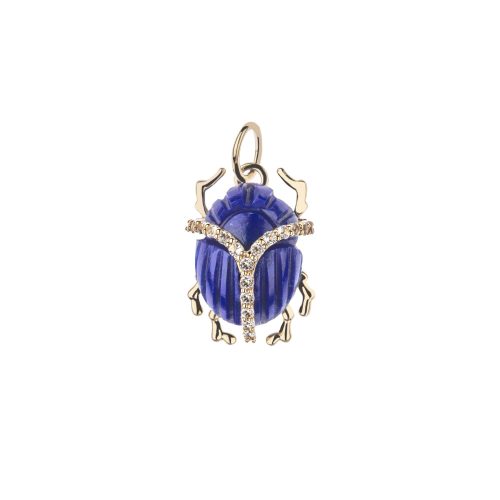 Carved lapis scarab pendant with white topaz accents and gold legs and bail