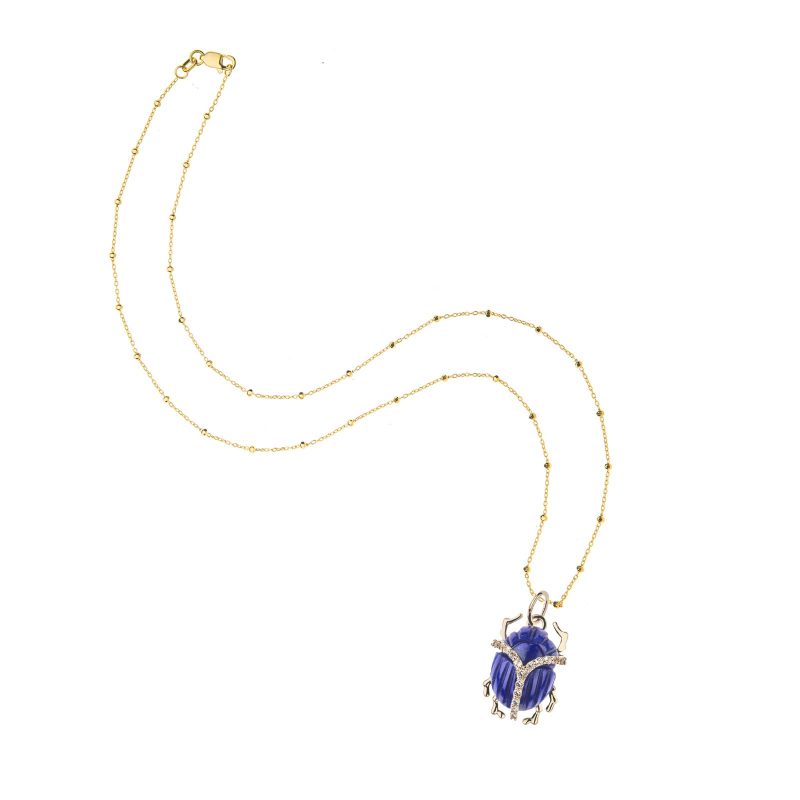 Lapis scarab on 14 karat satellite chain