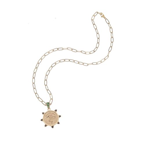 Gold petite embellished protect coin on drawn link chain