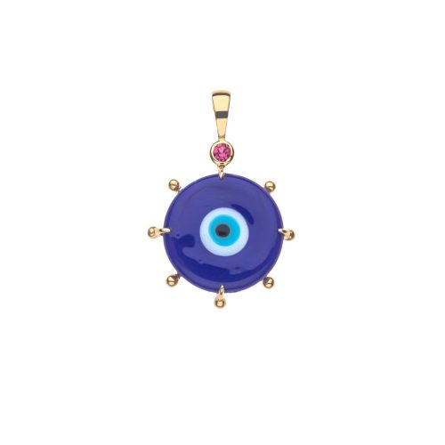 Blue evil eye pendant in gold setting with pink tourmaline detail