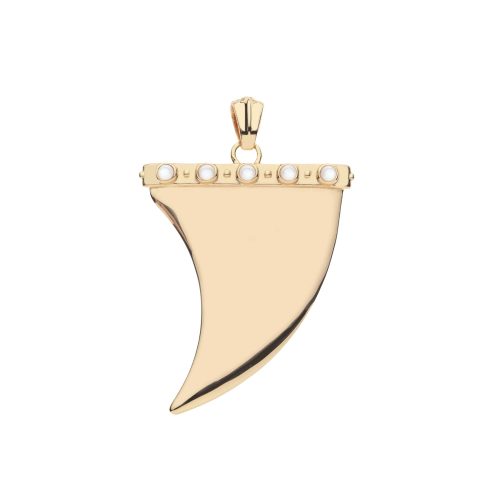 Gold shark tooth pendant with mother of pearl accents along the top edge