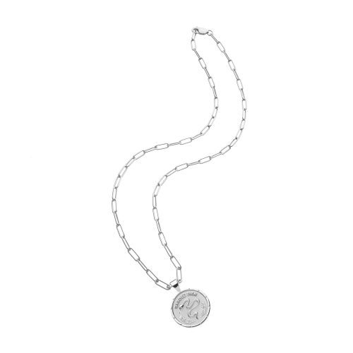 Silver Small Protect Coin Pendant on drawn link chain