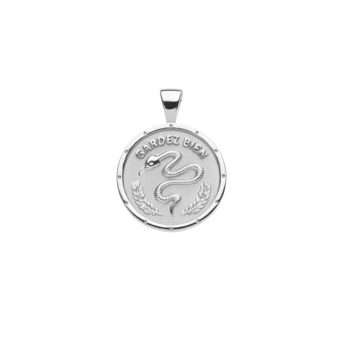 Silver Small Coin Pendant with Snake and French Gardez Bien (translation Guard Well)