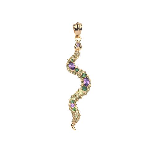 Gold snake pendant embellished with amethyst, peridot, and green tourmaline stones