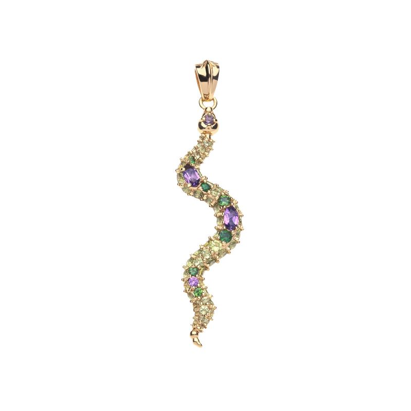 Gold snake pendant embellished with amethyst, peridot, and green tourmaline stones