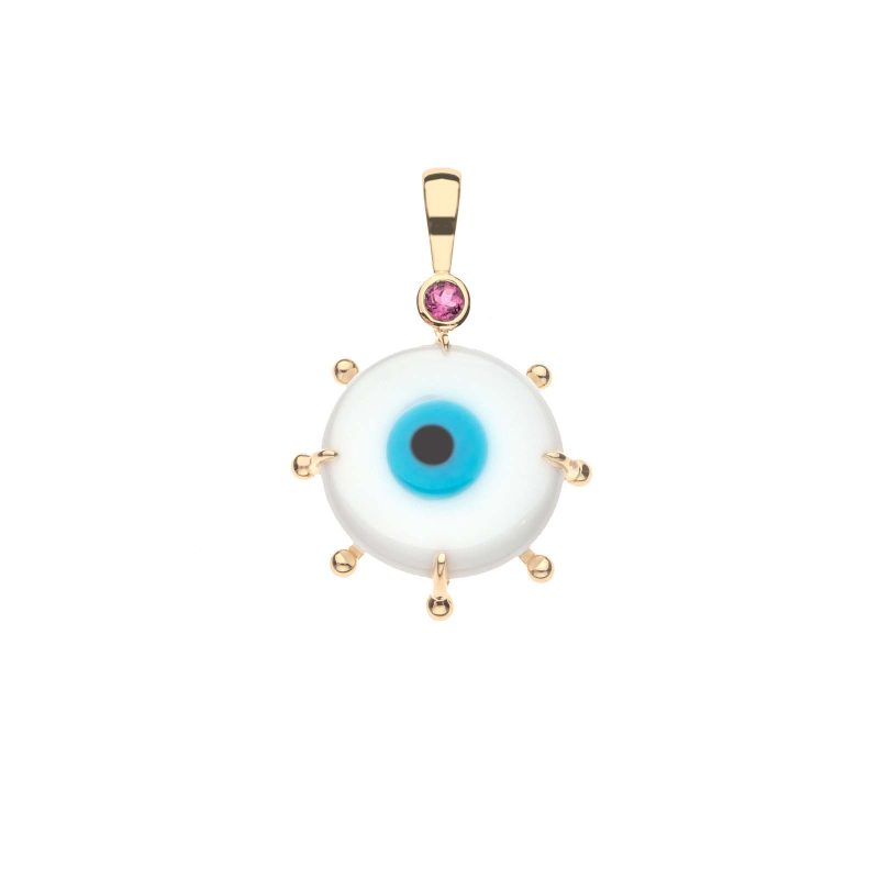 White evil eye pendant in gold setting with pink tourmaline detail