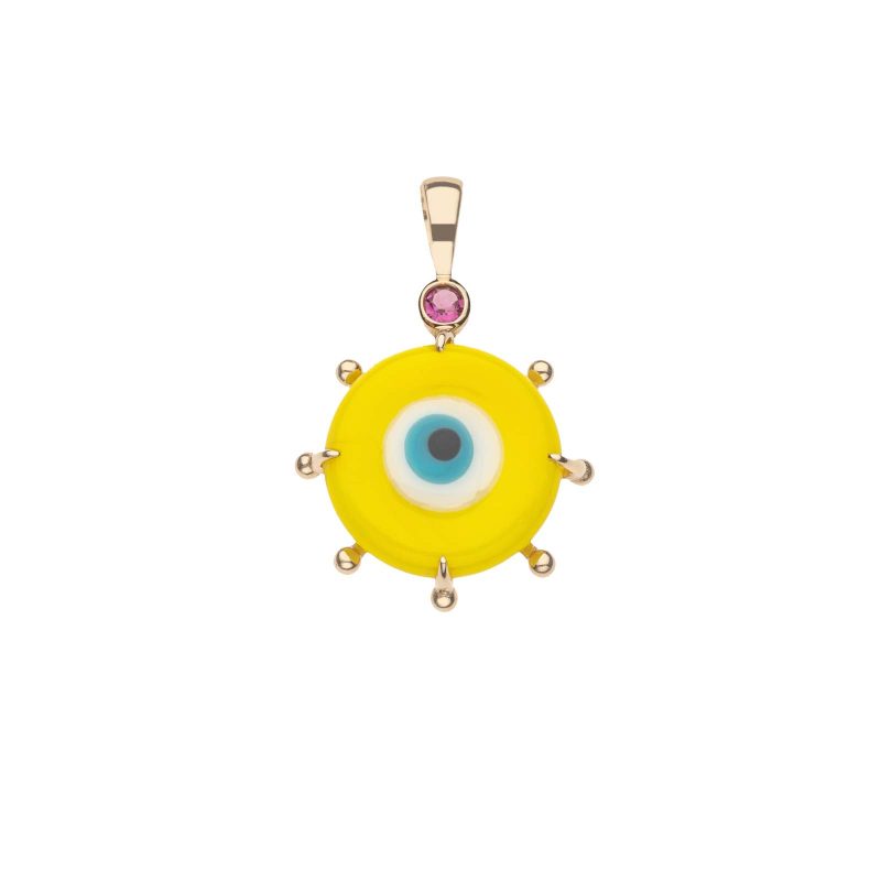 Yellow evil eye pendant in gold setting with pink tourmaline detail