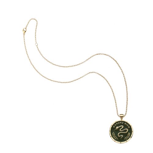 Green enamel protect coin on classic rolo chain