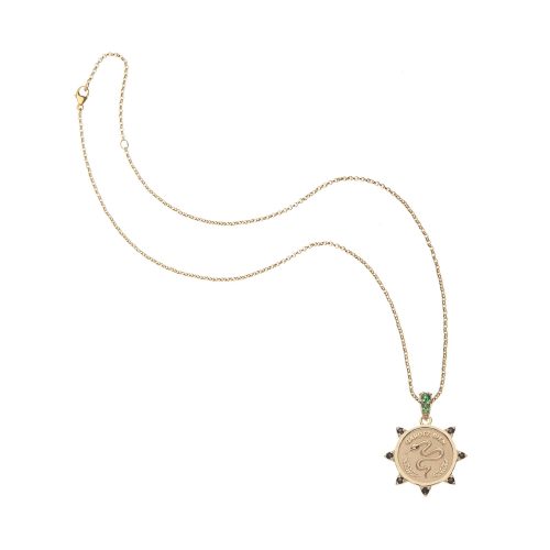 Gold petite embellished protect coin on classic rolo chain