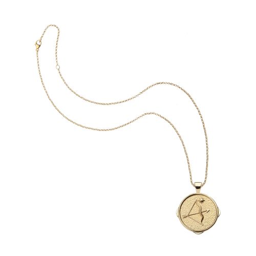 Gold small Sagittarius coin pendant on classic rolo chain