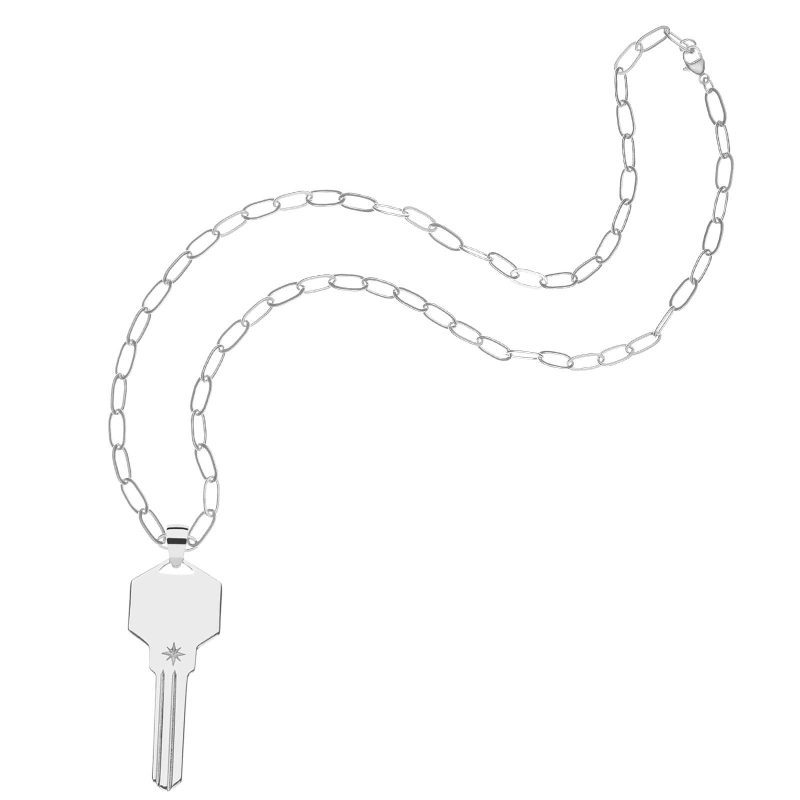 Silver engravable key pendant on drawn link chain