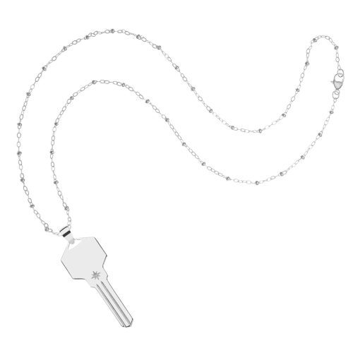 Silver engravable key pendant on satellite chain