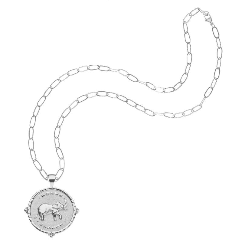 Silver Lucky Bonne Chance Coin on Drawn Link Chain