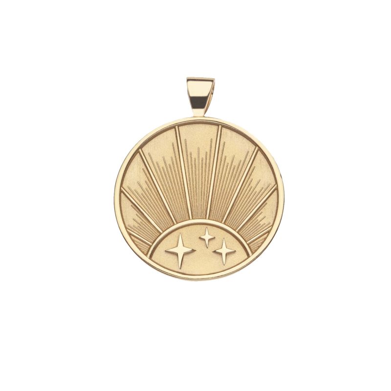 Gold Coin Pendant with three stars and a Rising Sun Illustration