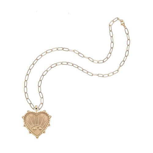 Gold rising sun heart on drawn link chain