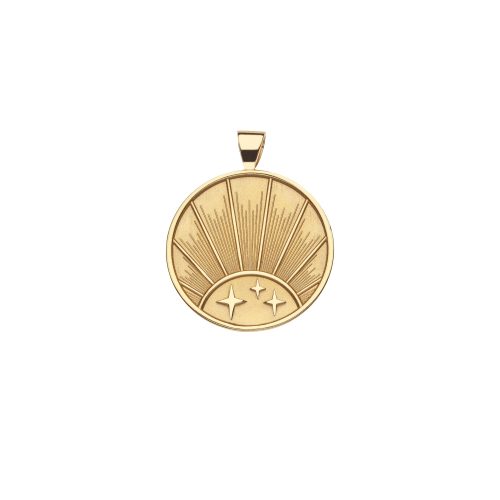 Gold Small Coin Pendant with three stars and a Rising Sun Illustration