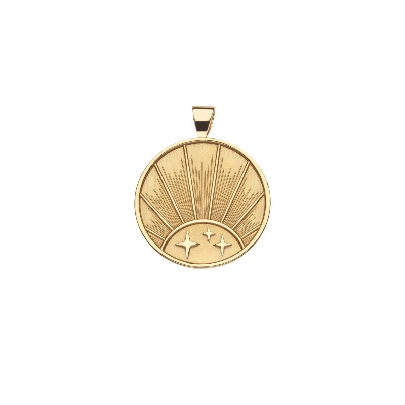 Gold Small Coin Pendant with three stars and a Rising Sun Illustration