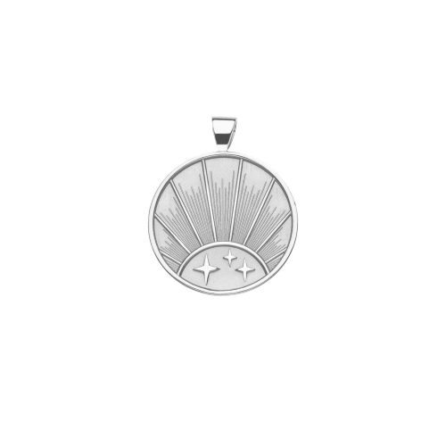 Silver Coin Pendant with three stars and a Rising Sun Illustration