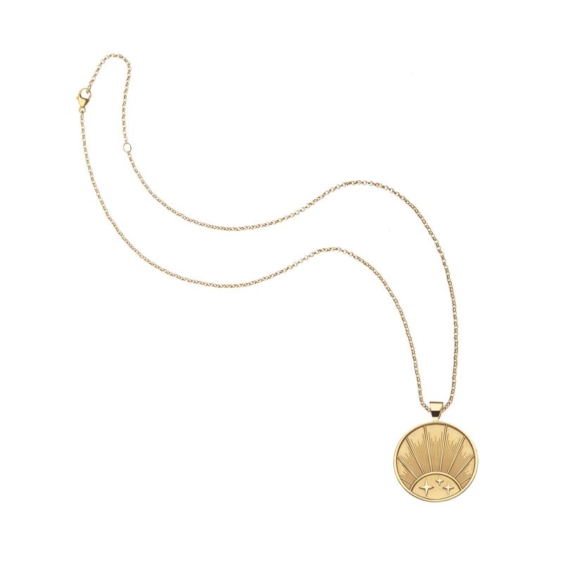 Gold Small Rising Sun Coin Pendant on classic rolo chain