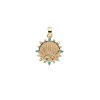 Gold coin pendant with rising sun design and aquamarine, sky blue topaz, and white topaz stones on border