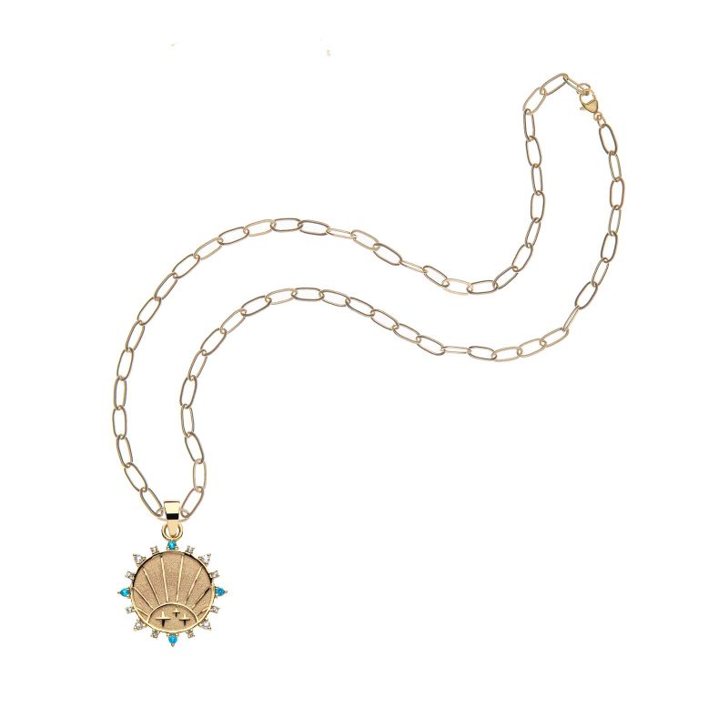 Gold petite embellished rising sun pendant on drawn link chain