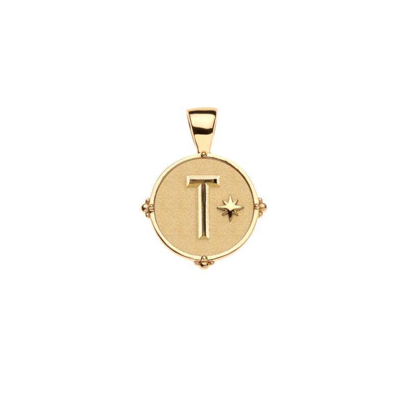 Gold letter T coin pendant with star detail