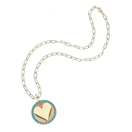 Gold heart chain with turquoise detail on drawn link chain