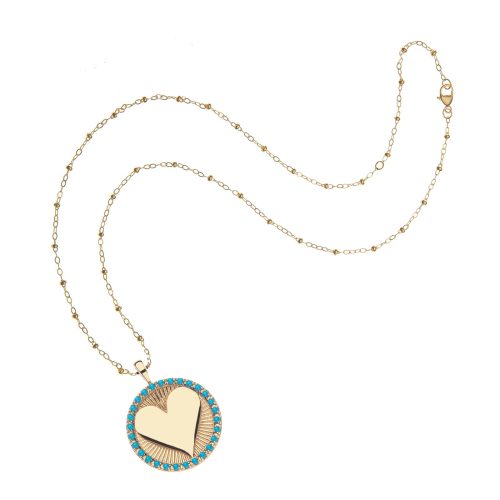 Gold heart coin with turquoise detail on satellite chain